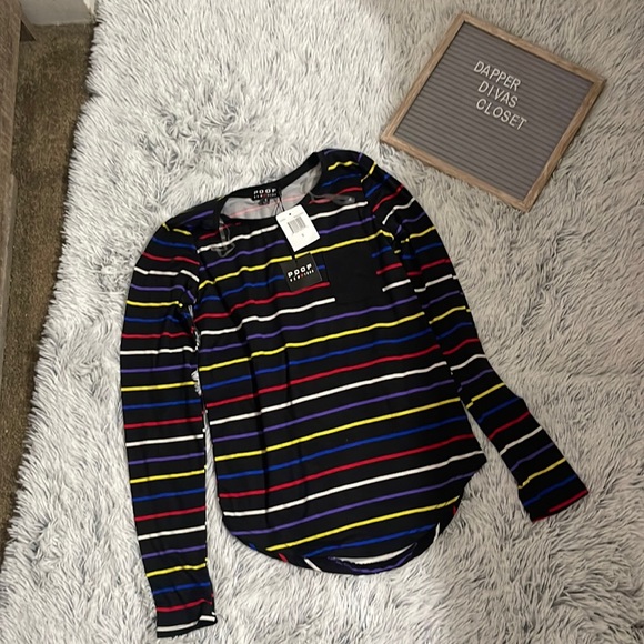 Long sleeve black top with multi-color stripes and a small pocket - Picture 1 of 1